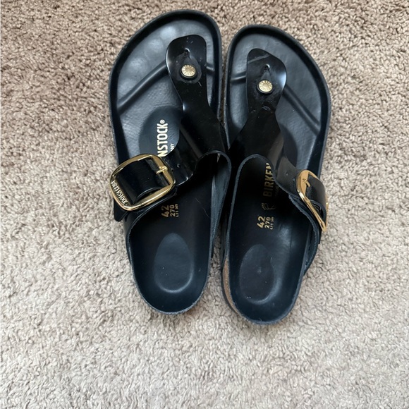 Birkenstock Shoes - Birkenstock Glossy Black Sandals with Gold Accents- worn 4 times